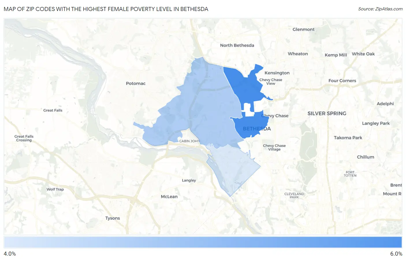 Zip Codes with the Highest Female Poverty Level in Bethesda Map