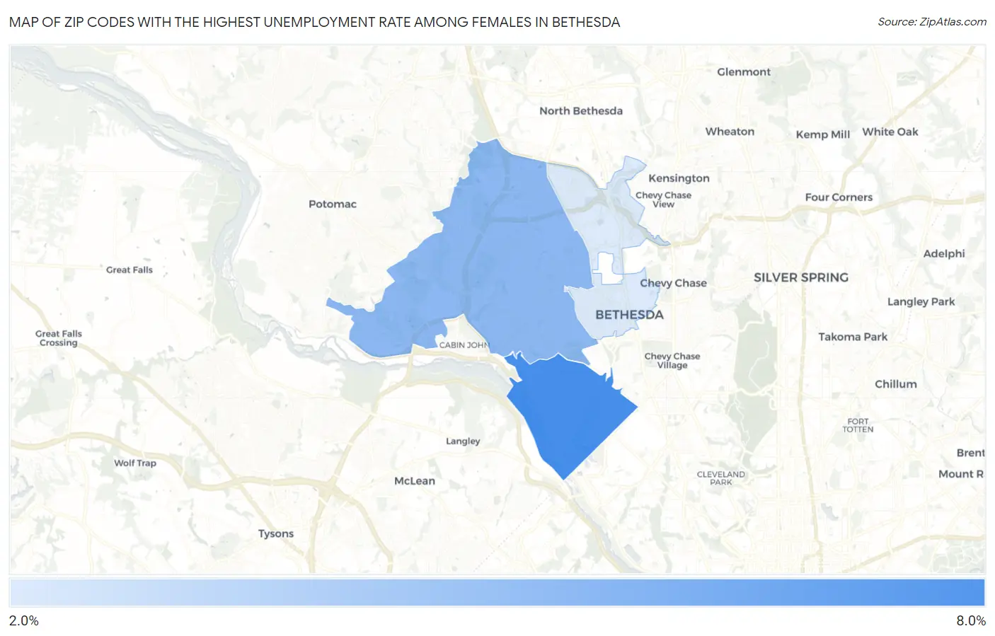 Zip Codes with the Highest Unemployment Rate Among Females in Bethesda Map