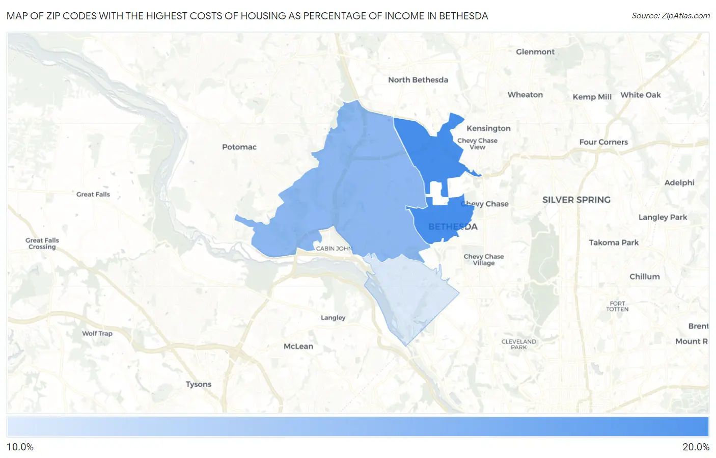 Zip Codes with the Highest Costs of Housing as Percentage of Income in Bethesda Map