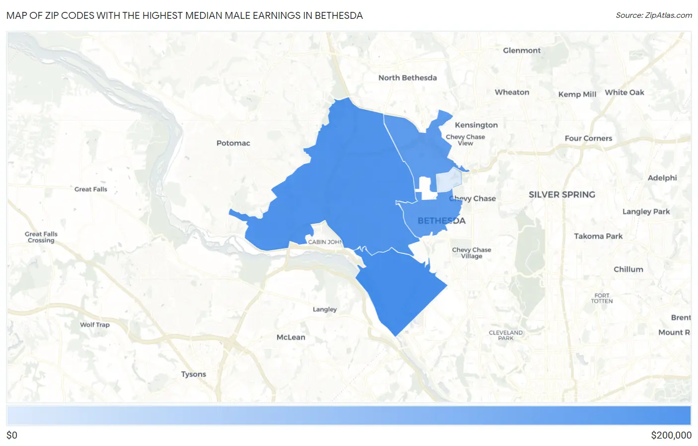 Zip Codes with the Highest Median Male Earnings in Bethesda Map