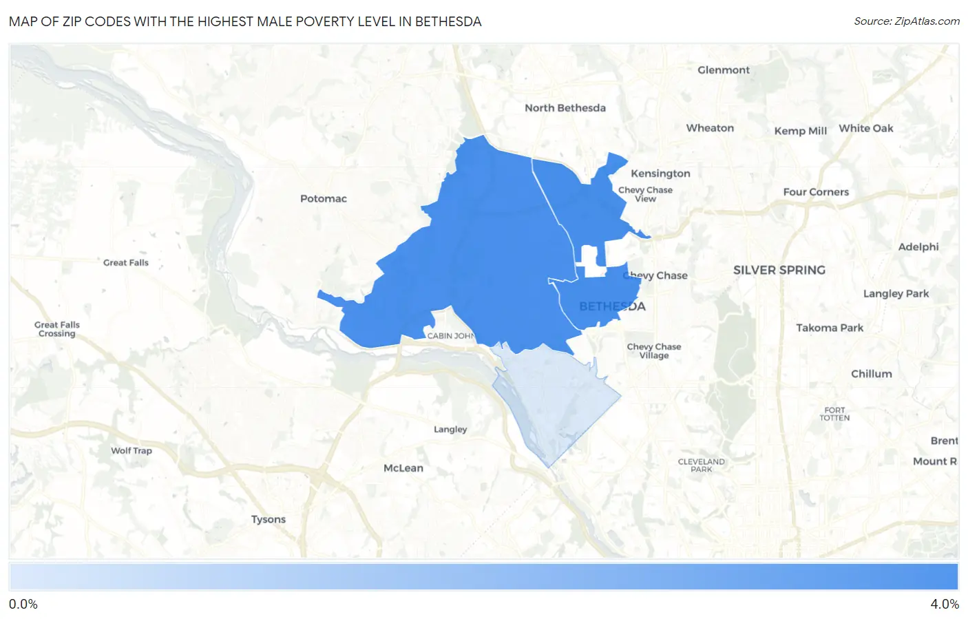 Zip Codes with the Highest Male Poverty Level in Bethesda Map