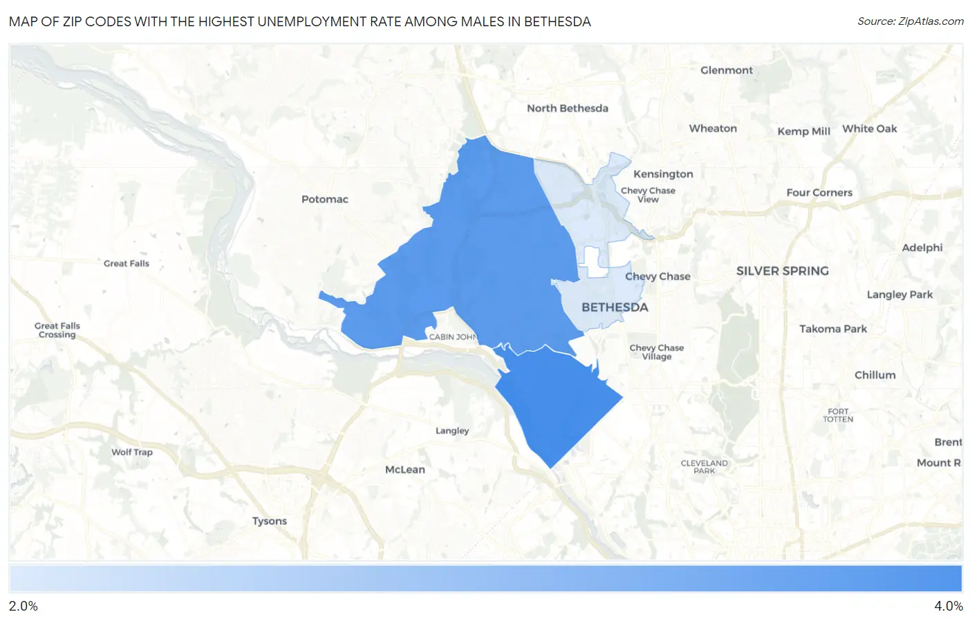 Zip Codes with the Highest Unemployment Rate Among Males in Bethesda Map