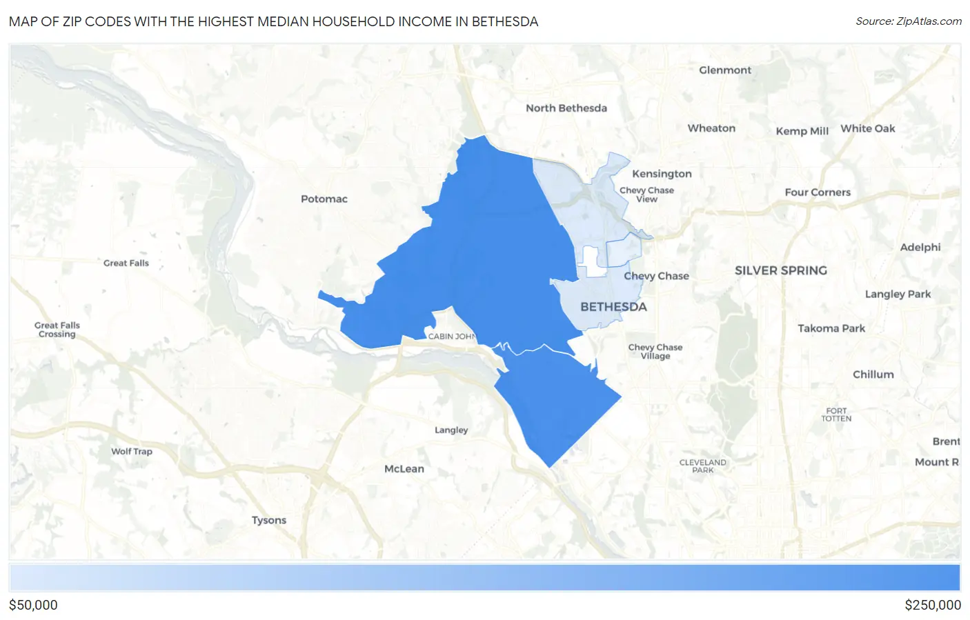 Zip Codes with the Highest Median Household Income in Bethesda Map