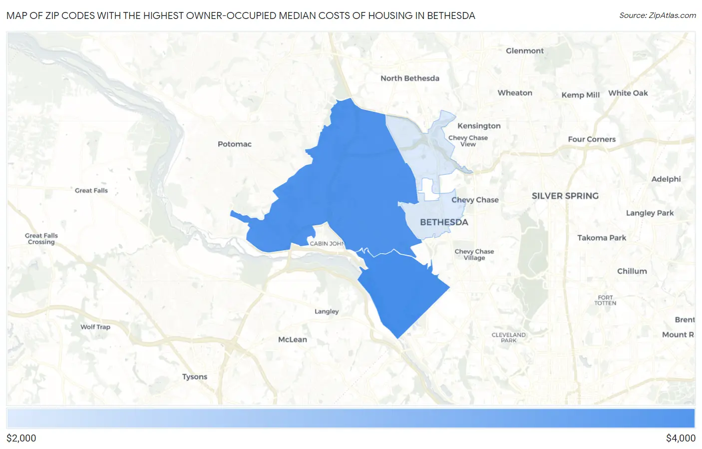 Zip Codes with the Highest Owner-Occupied Median Costs of Housing in Bethesda Map