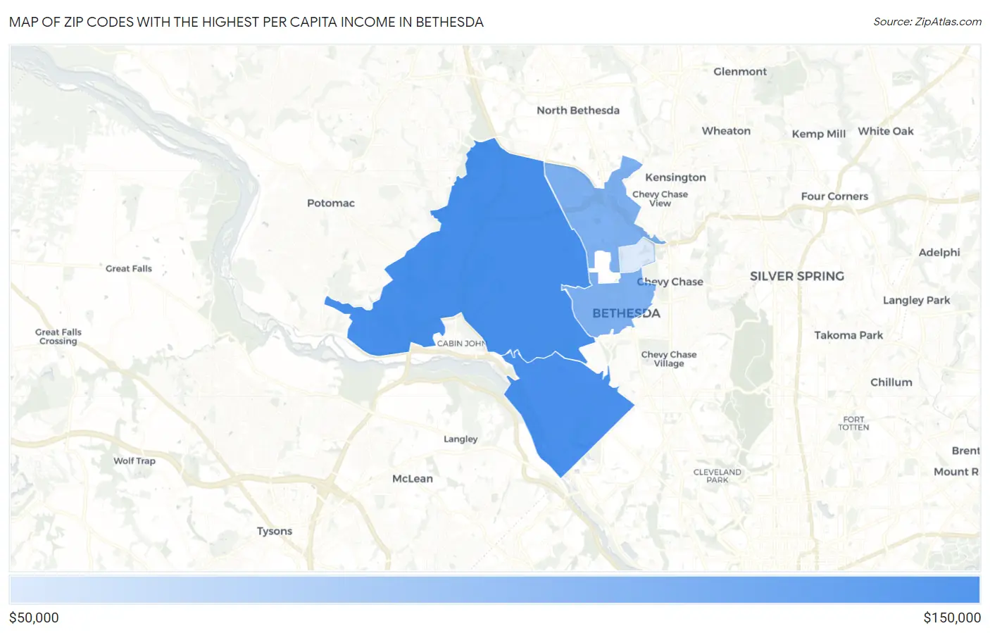 Zip Codes with the Highest Per Capita Income in Bethesda Map