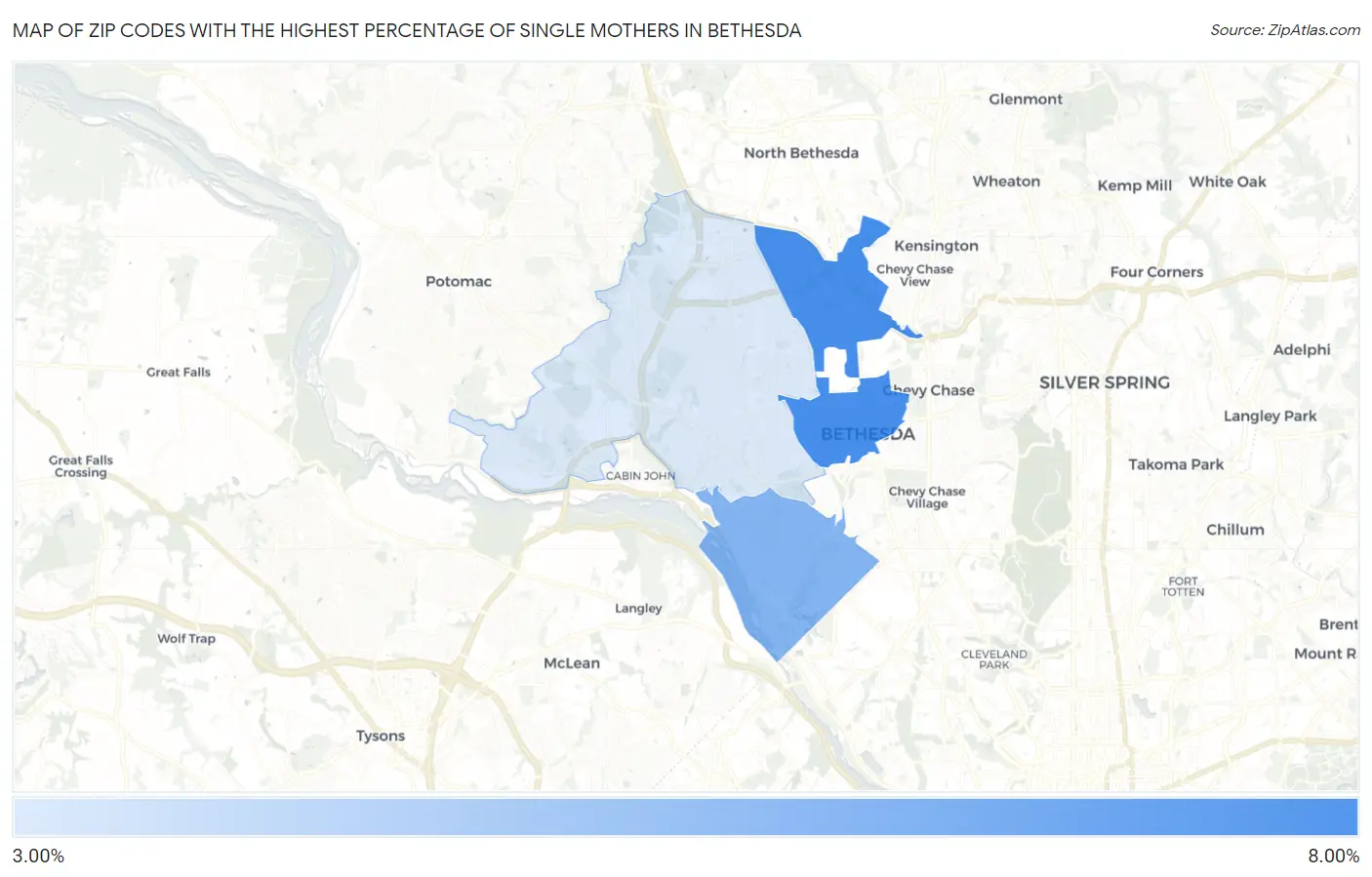 Zip Codes with the Highest Percentage of Single Mothers in Bethesda Map