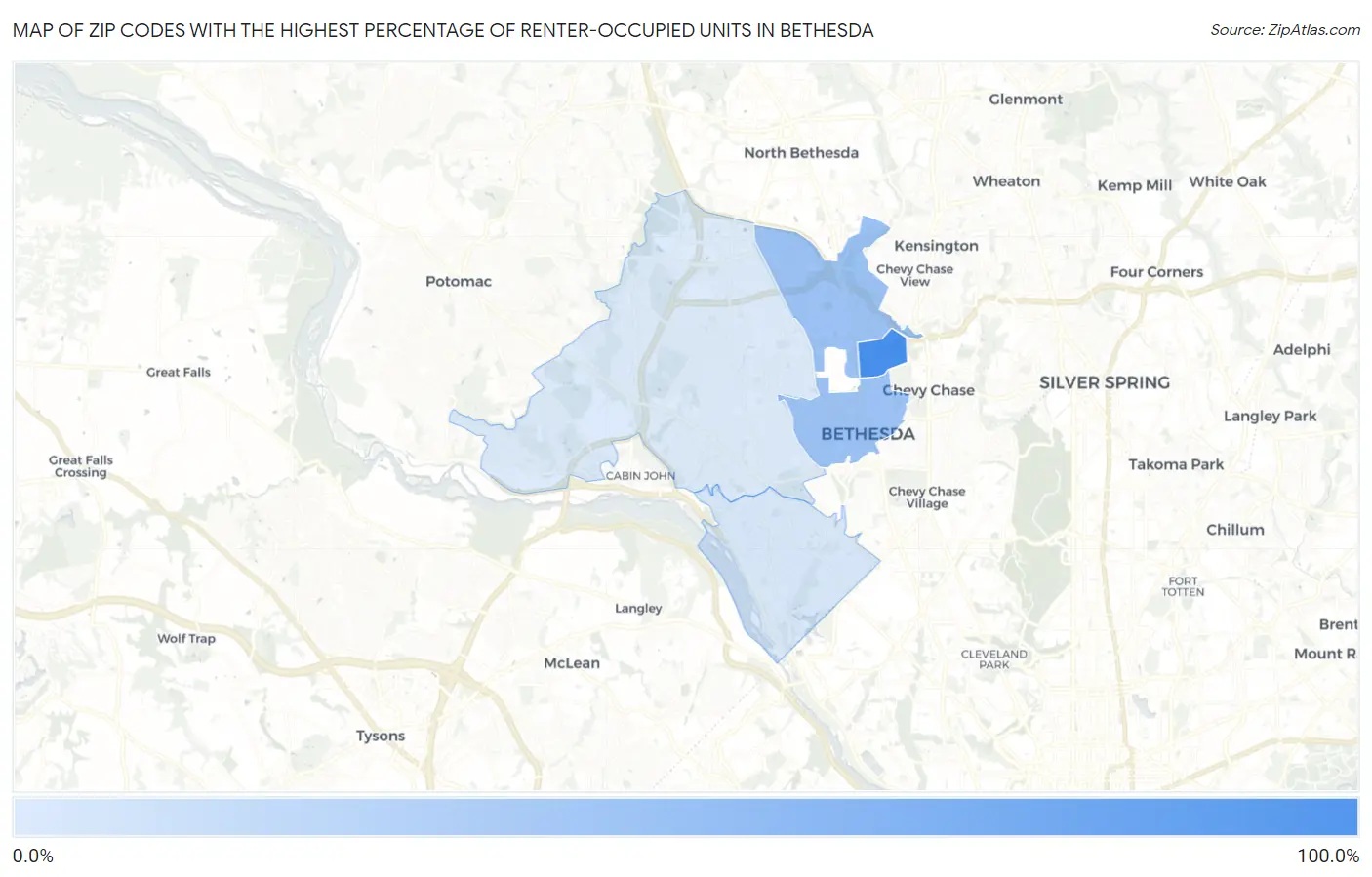 Zip Codes with the Highest Percentage of Renter-Occupied Units in Bethesda Map