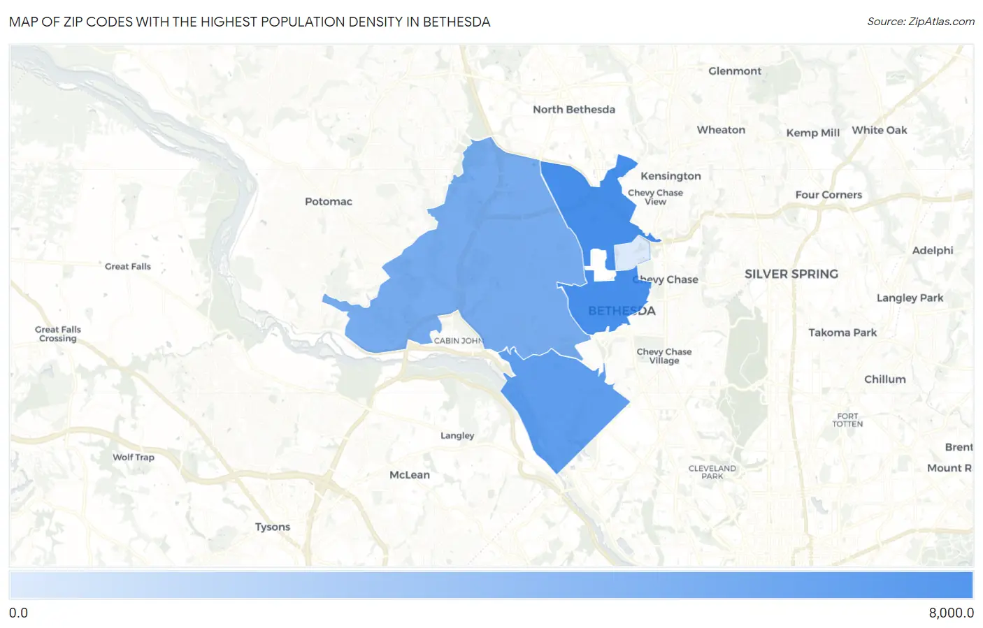 Zip Codes with the Highest Population Density in Bethesda Map