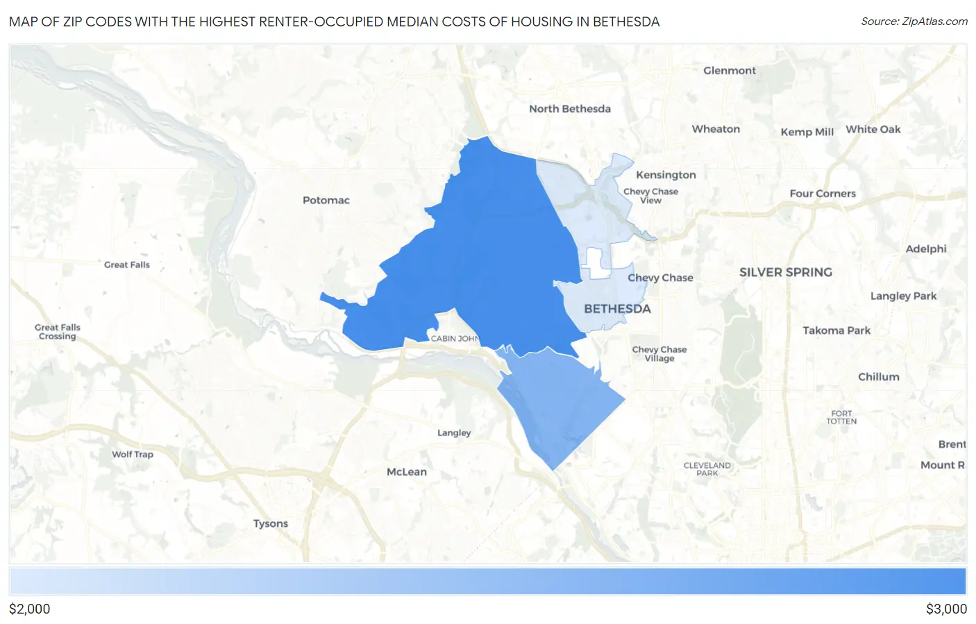 Zip Codes with the Highest Renter-Occupied Median Costs of Housing in Bethesda Map