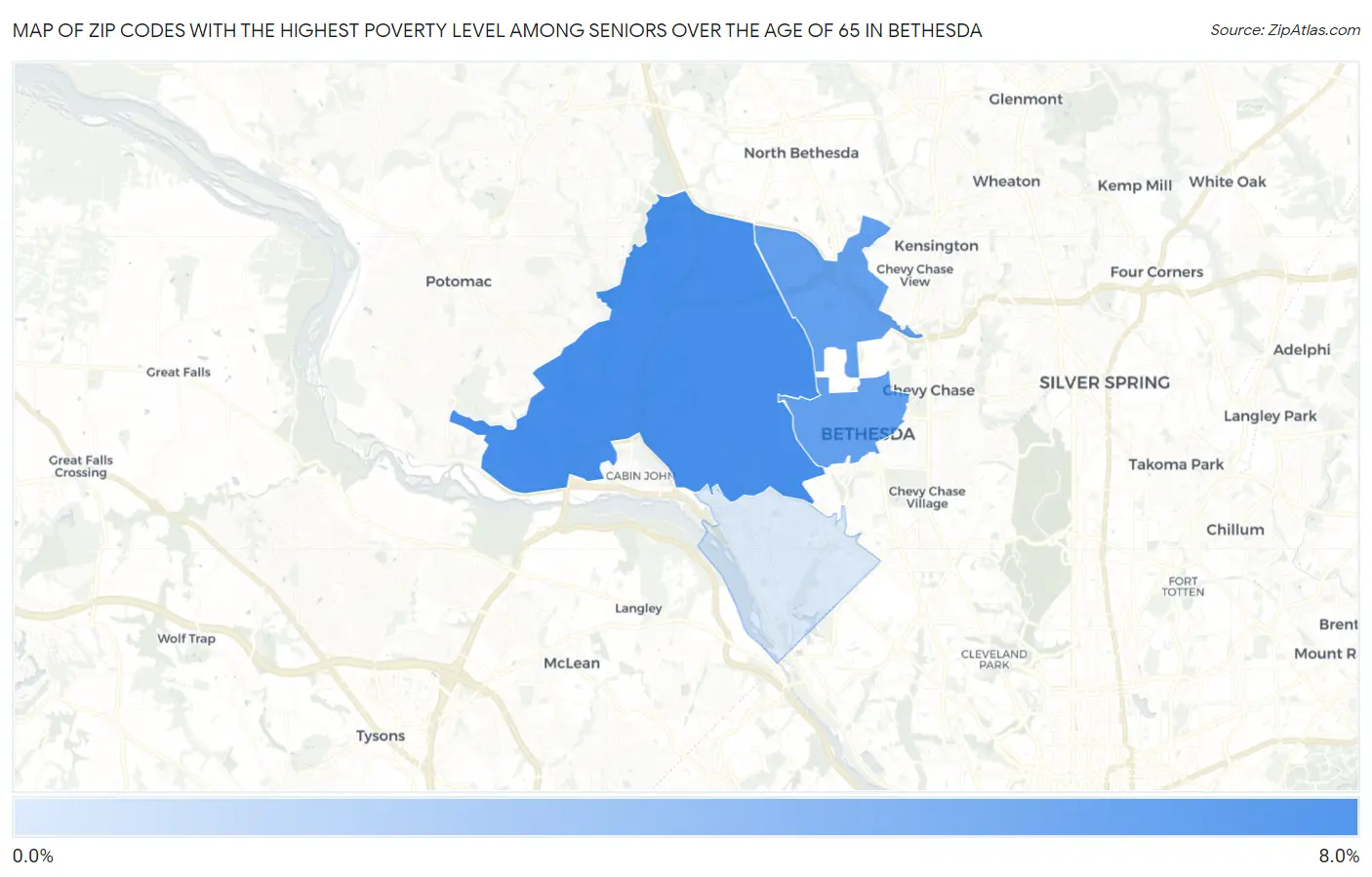 Zip Codes with the Highest Poverty Level Among Seniors Over the Age of 65 in Bethesda Map