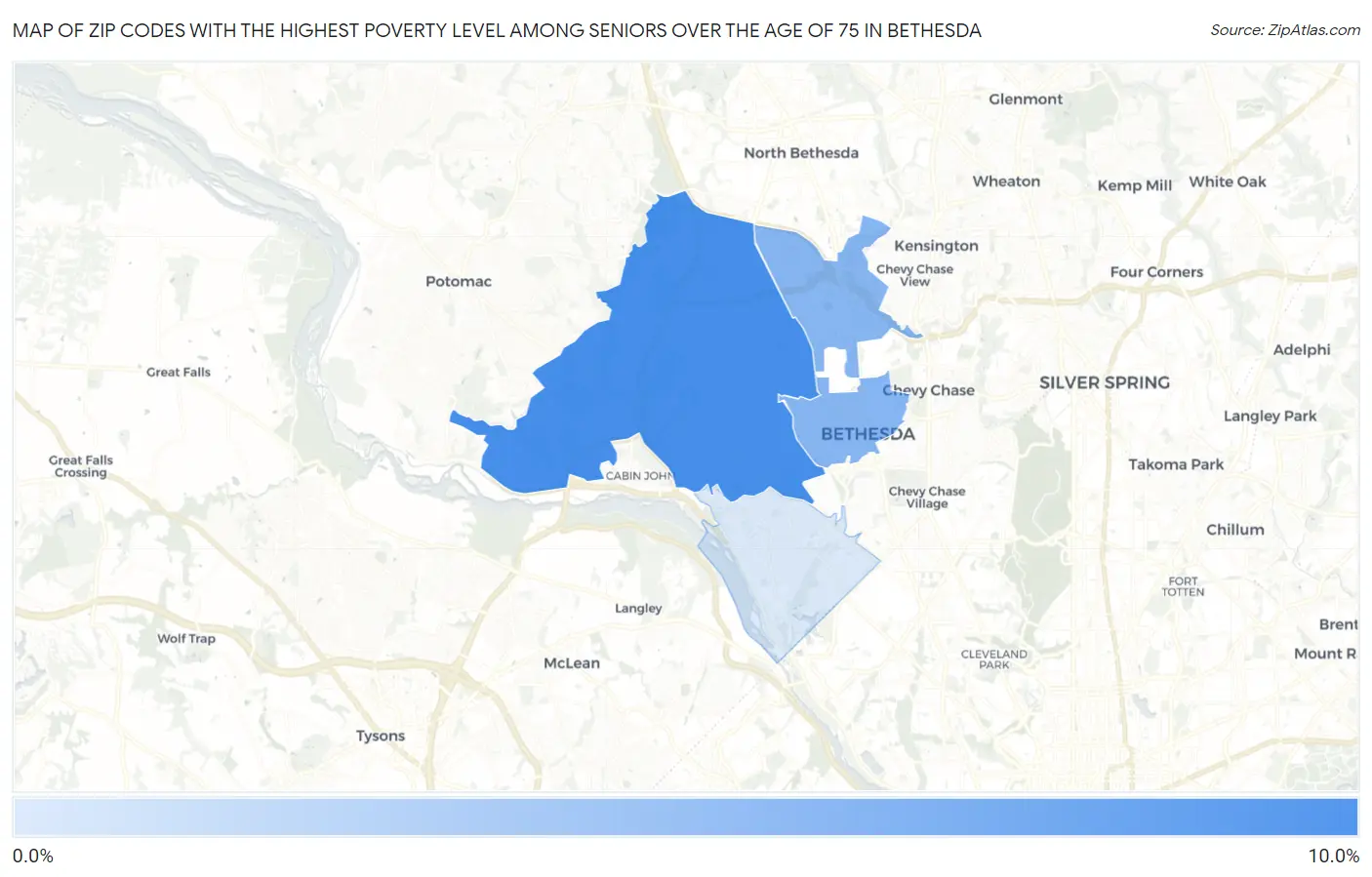 Zip Codes with the Highest Poverty Level Among Seniors Over the Age of 75 in Bethesda Map