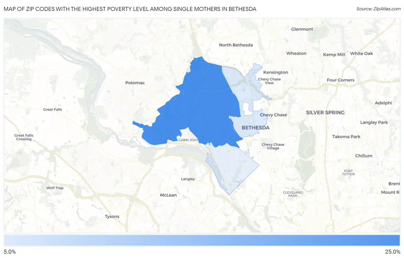 Zip Codes with the Highest Poverty Level Among Single Mothers in Bethesda Map
