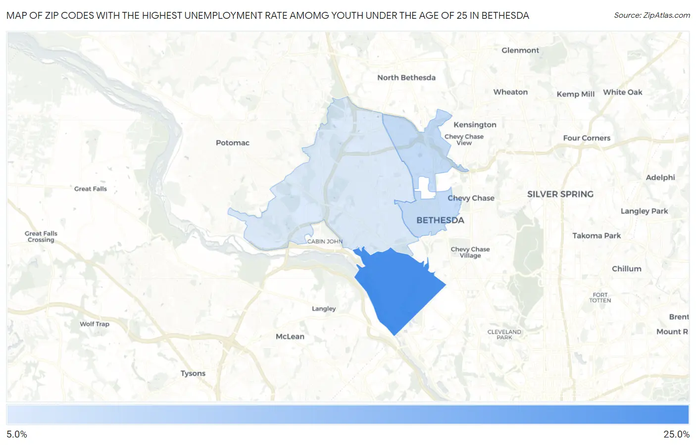 Zip Codes with the Highest Unemployment Rate Amomg Youth Under the Age of 25 in Bethesda Map