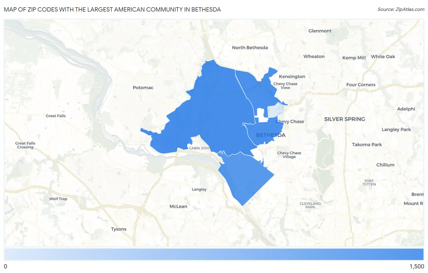 Zip Codes with the Largest American Community in Bethesda Map