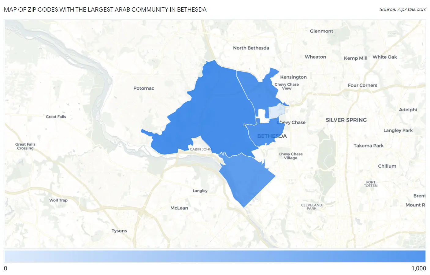 Zip Codes with the Largest Arab Community in Bethesda Map