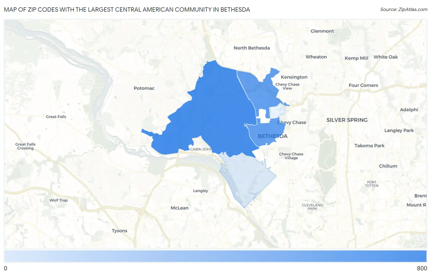 Zip Codes with the Largest Central American Community in Bethesda Map