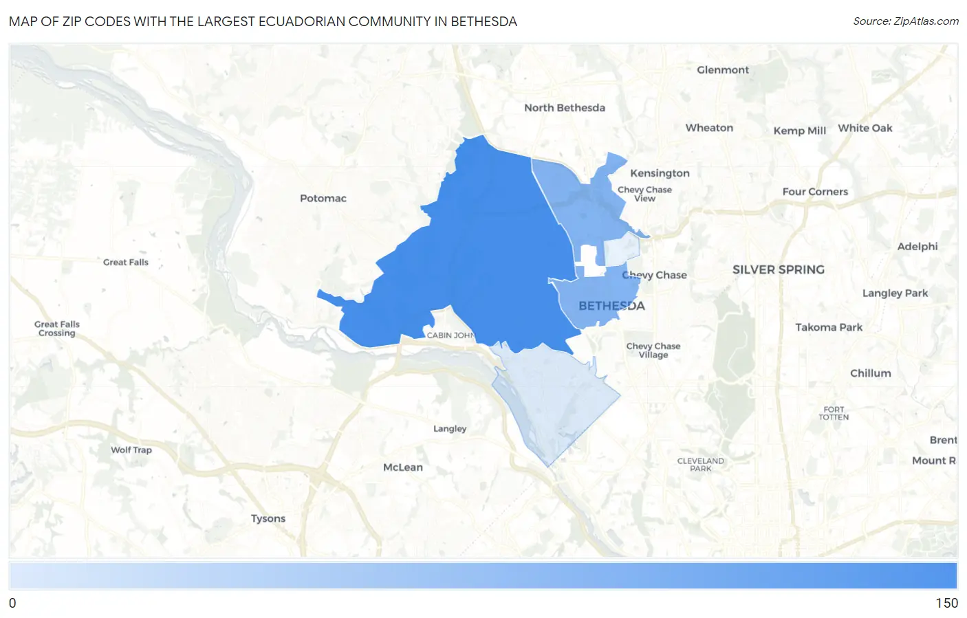 Zip Codes with the Largest Ecuadorian Community in Bethesda Map