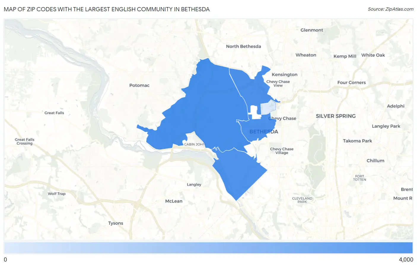 Zip Codes with the Largest English Community in Bethesda Map