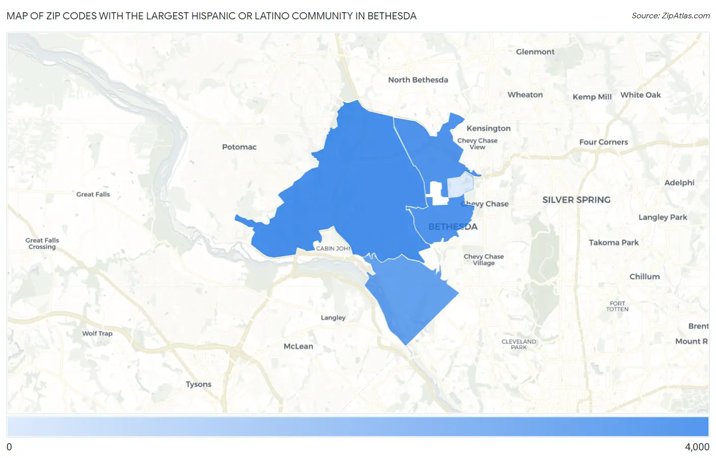 Zip Codes with the Largest Hispanic or Latino Community in Bethesda Map