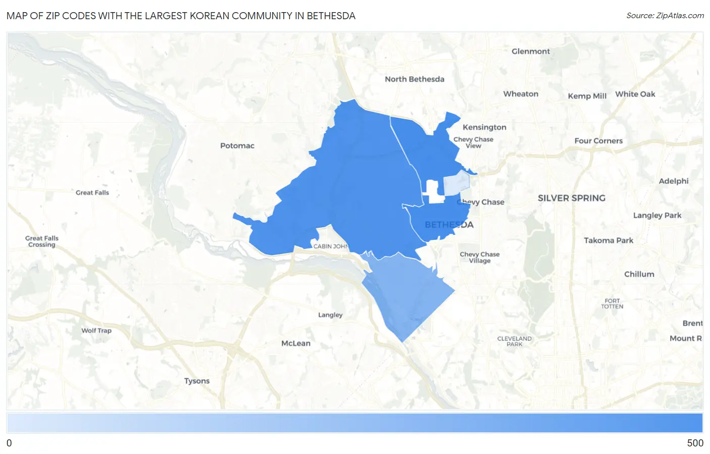 Zip Codes with the Largest Korean Community in Bethesda Map