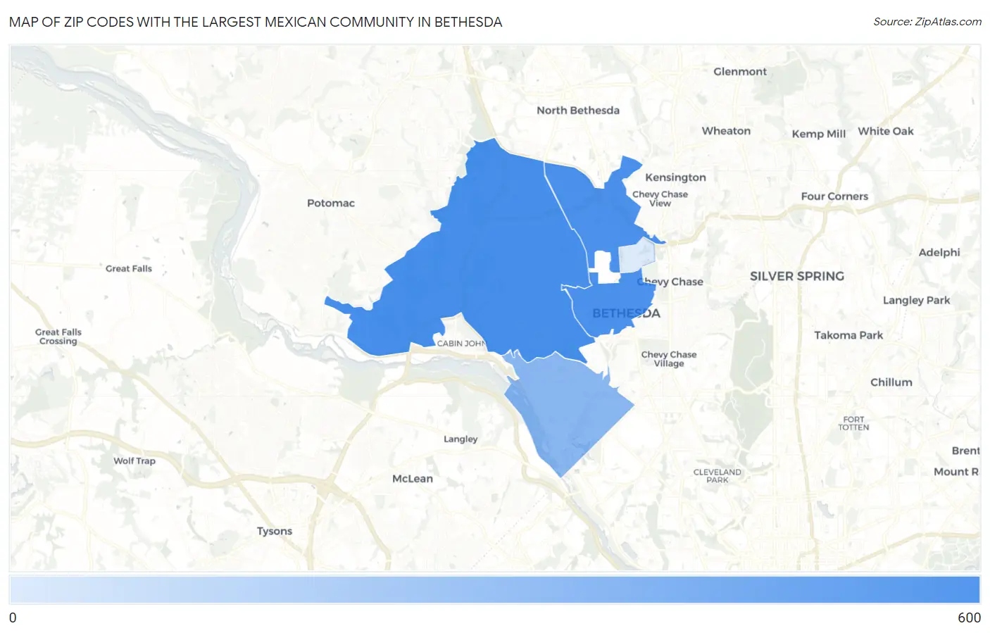 Zip Codes with the Largest Mexican Community in Bethesda Map