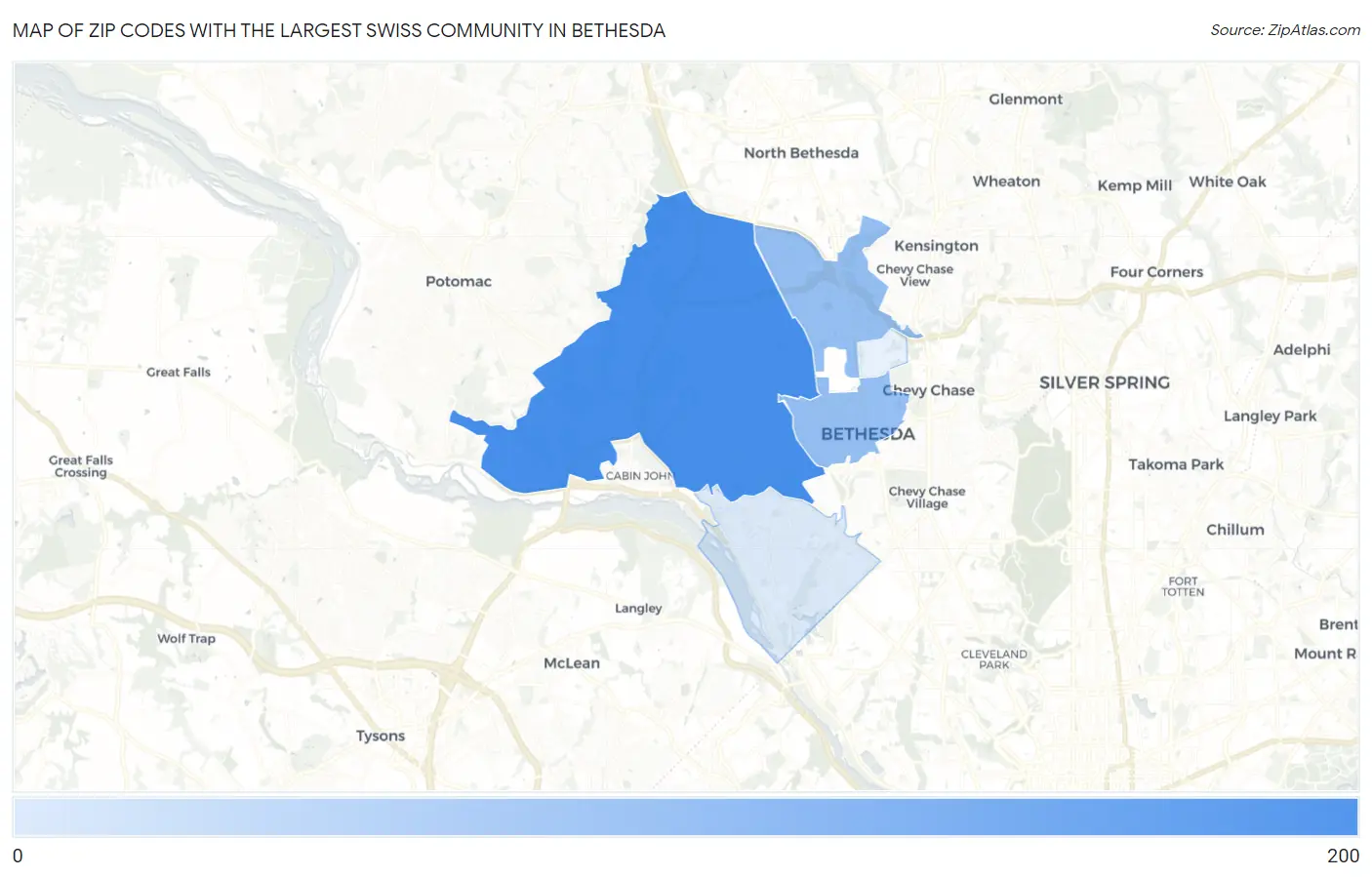 Zip Codes with the Largest Swiss Community in Bethesda Map