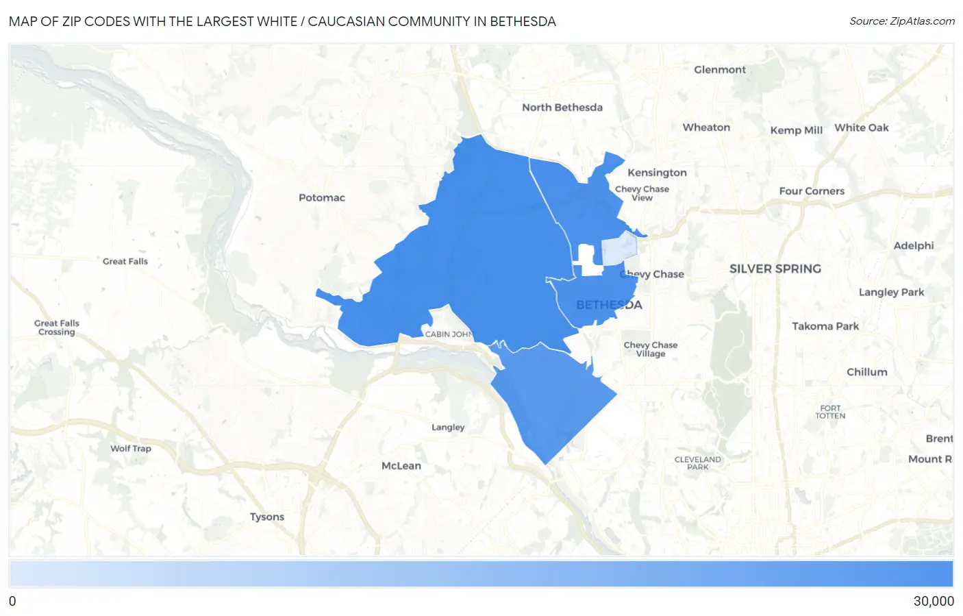 Zip Codes with the Largest White / Caucasian Community in Bethesda Map