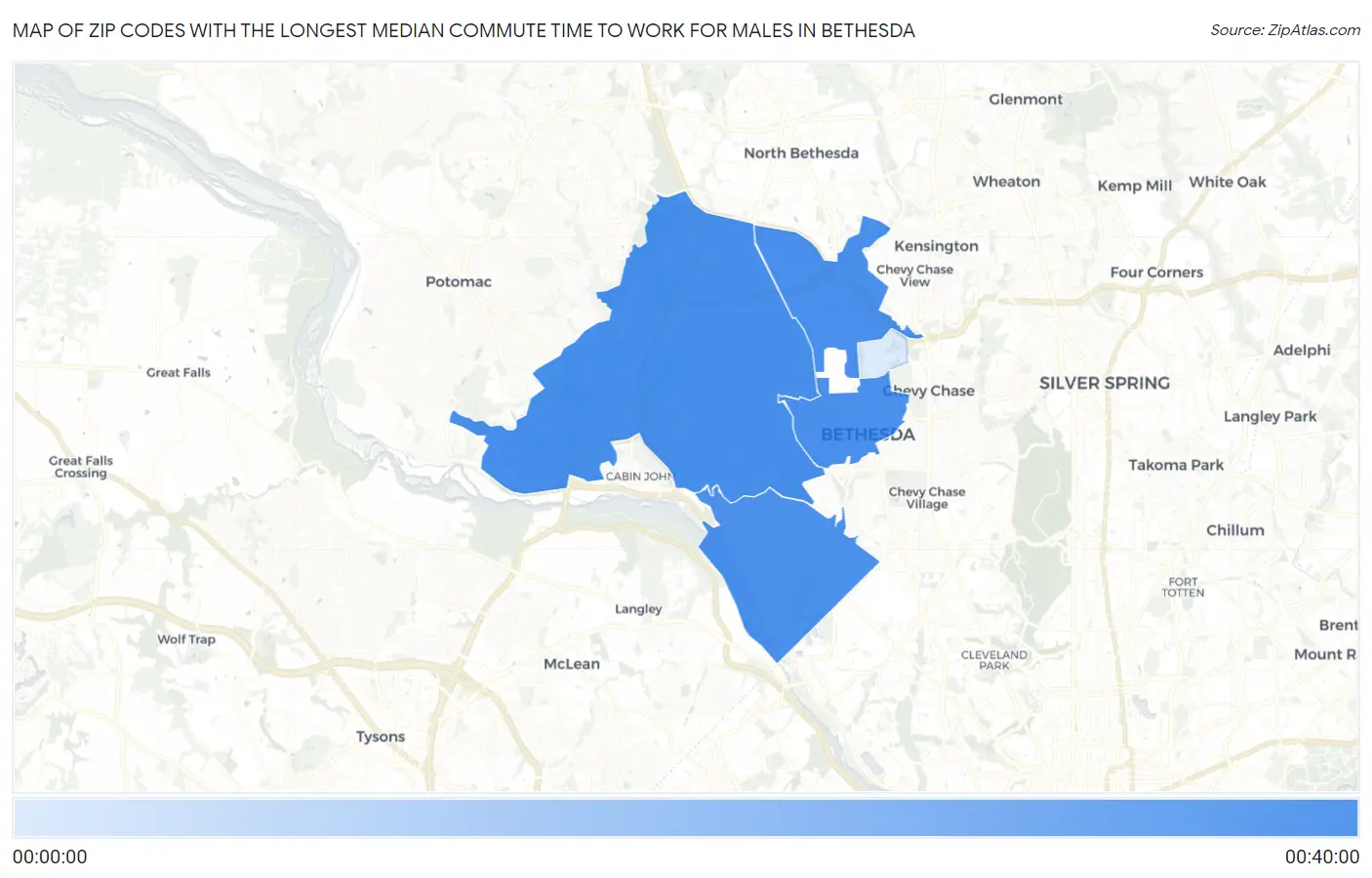 Zip Codes with the Longest Median Commute Time to Work for Males in Bethesda Map