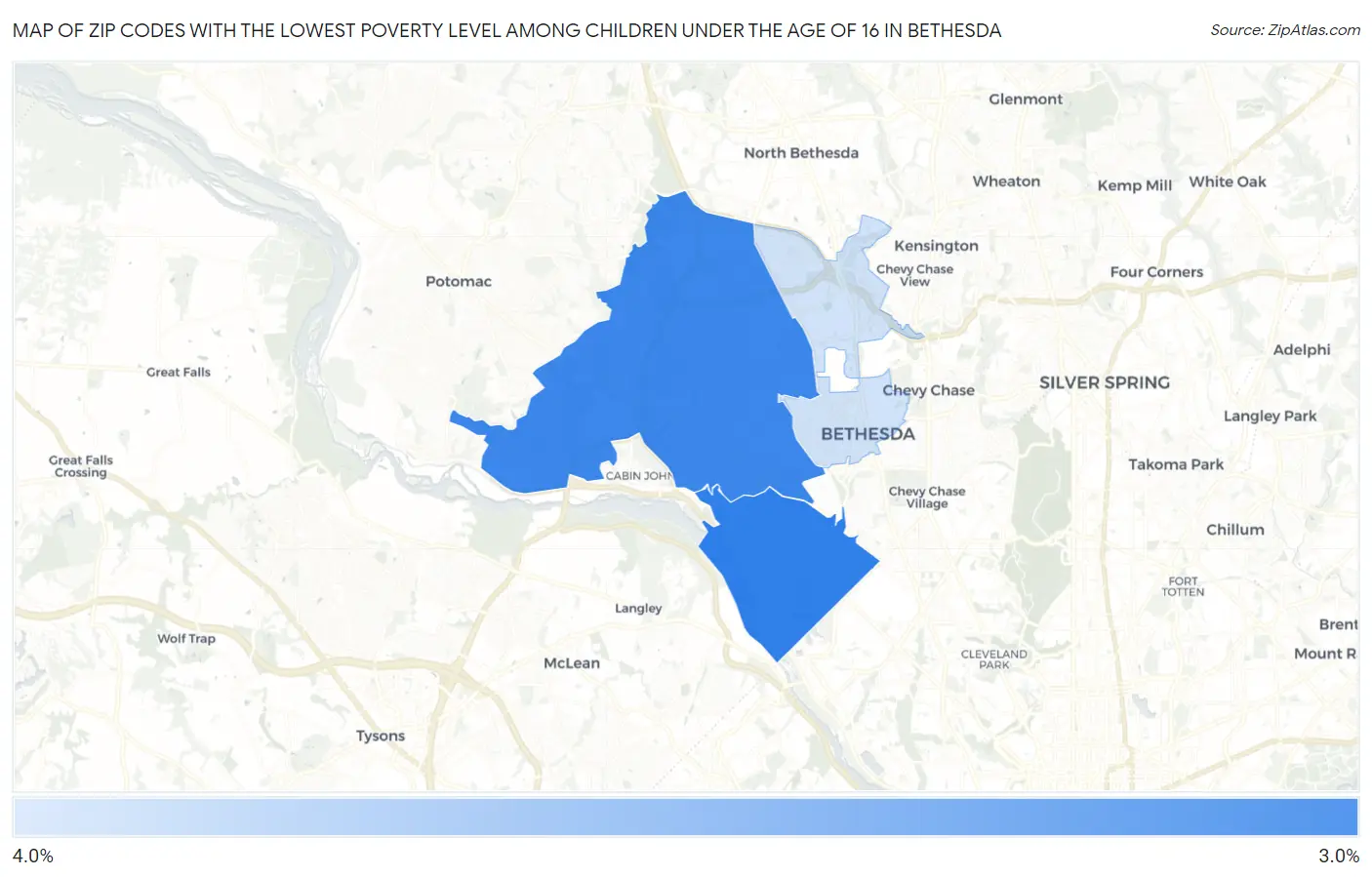 Zip Codes with the Lowest Poverty Level Among Children Under the Age of 16 in Bethesda Map
