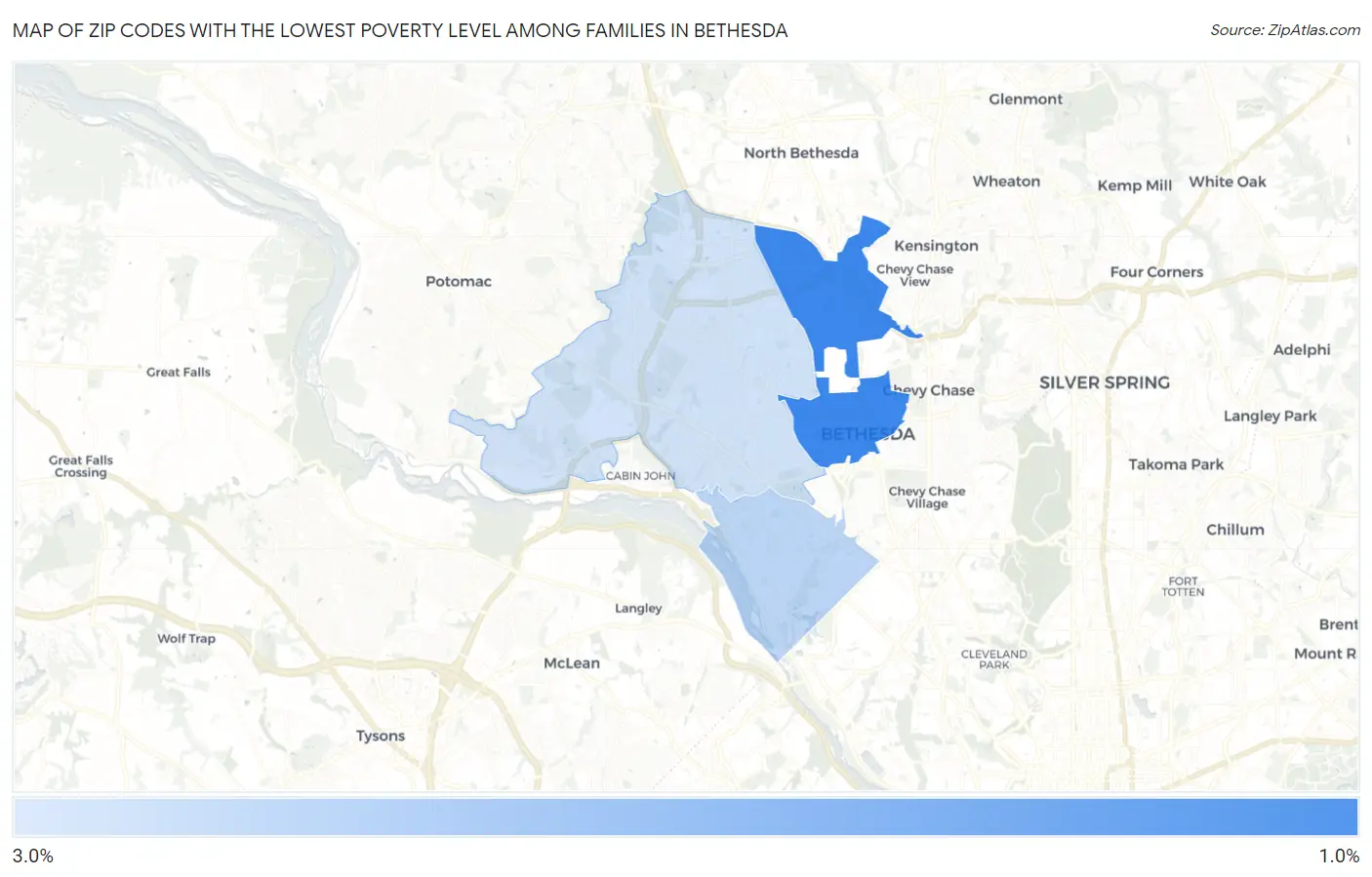 Zip Codes with the Lowest Poverty Level Among Families in Bethesda Map