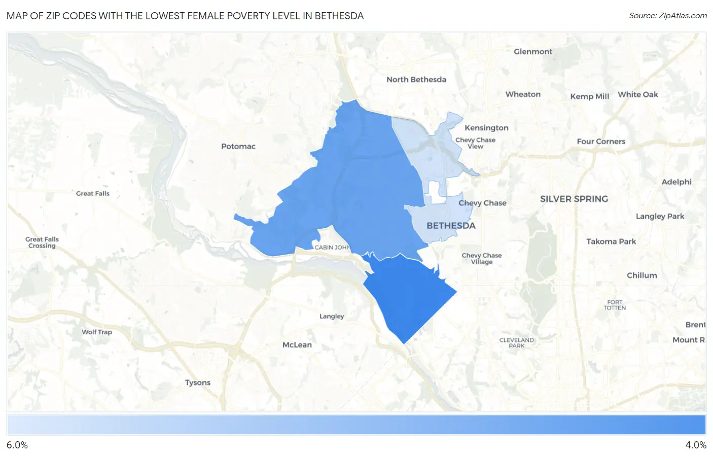 Zip Codes with the Lowest Female Poverty Level in Bethesda Map
