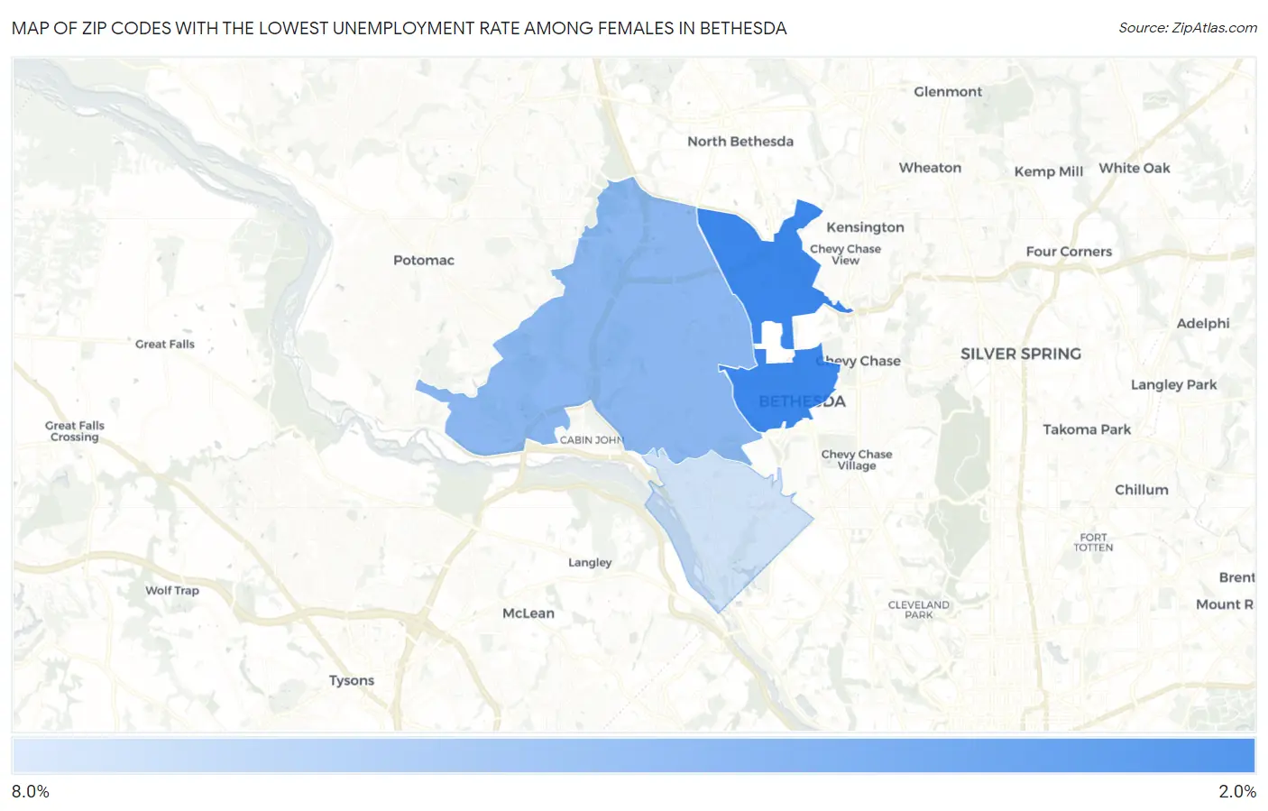 Zip Codes with the Lowest Unemployment Rate Among Females in Bethesda Map