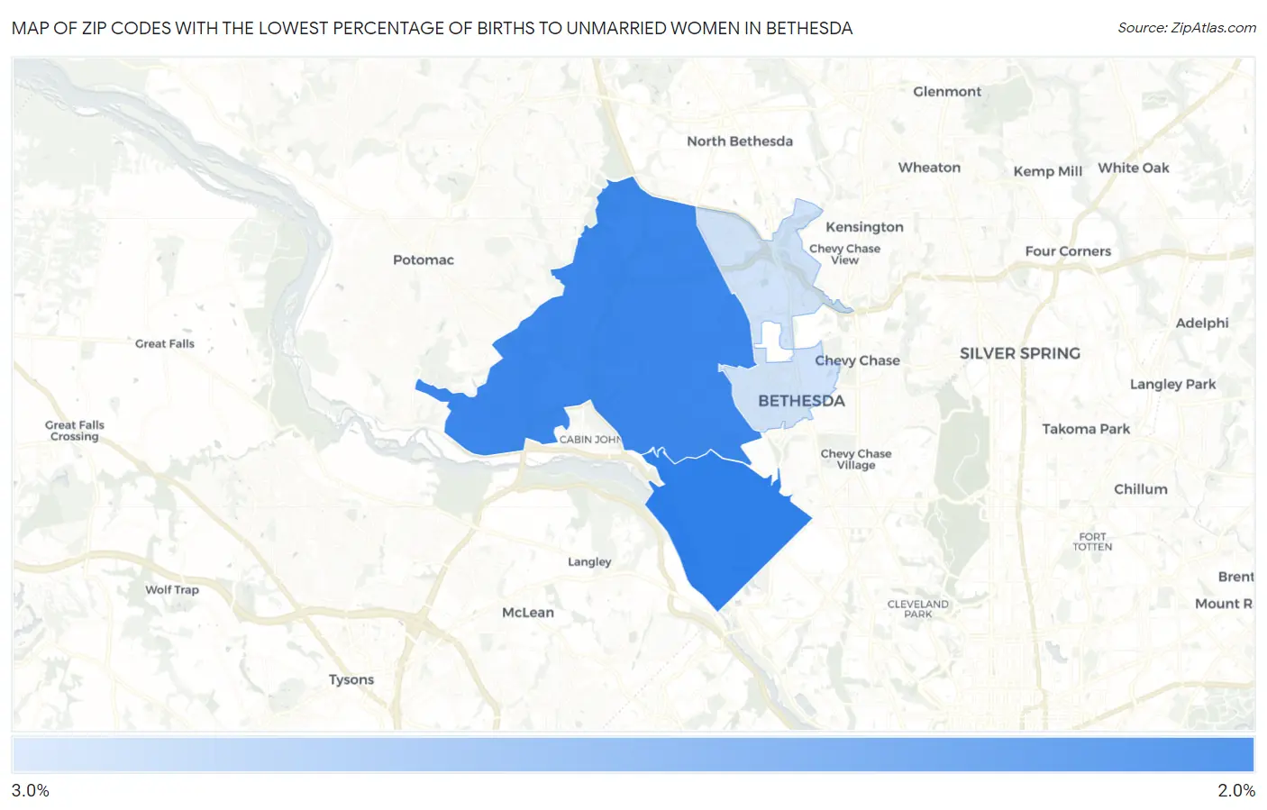 Zip Codes with the Lowest Percentage of Births to Unmarried Women in Bethesda Map