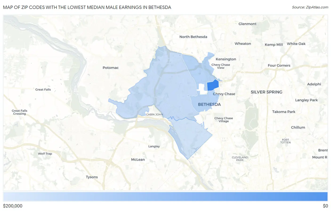 Zip Codes with the Lowest Median Male Earnings in Bethesda Map