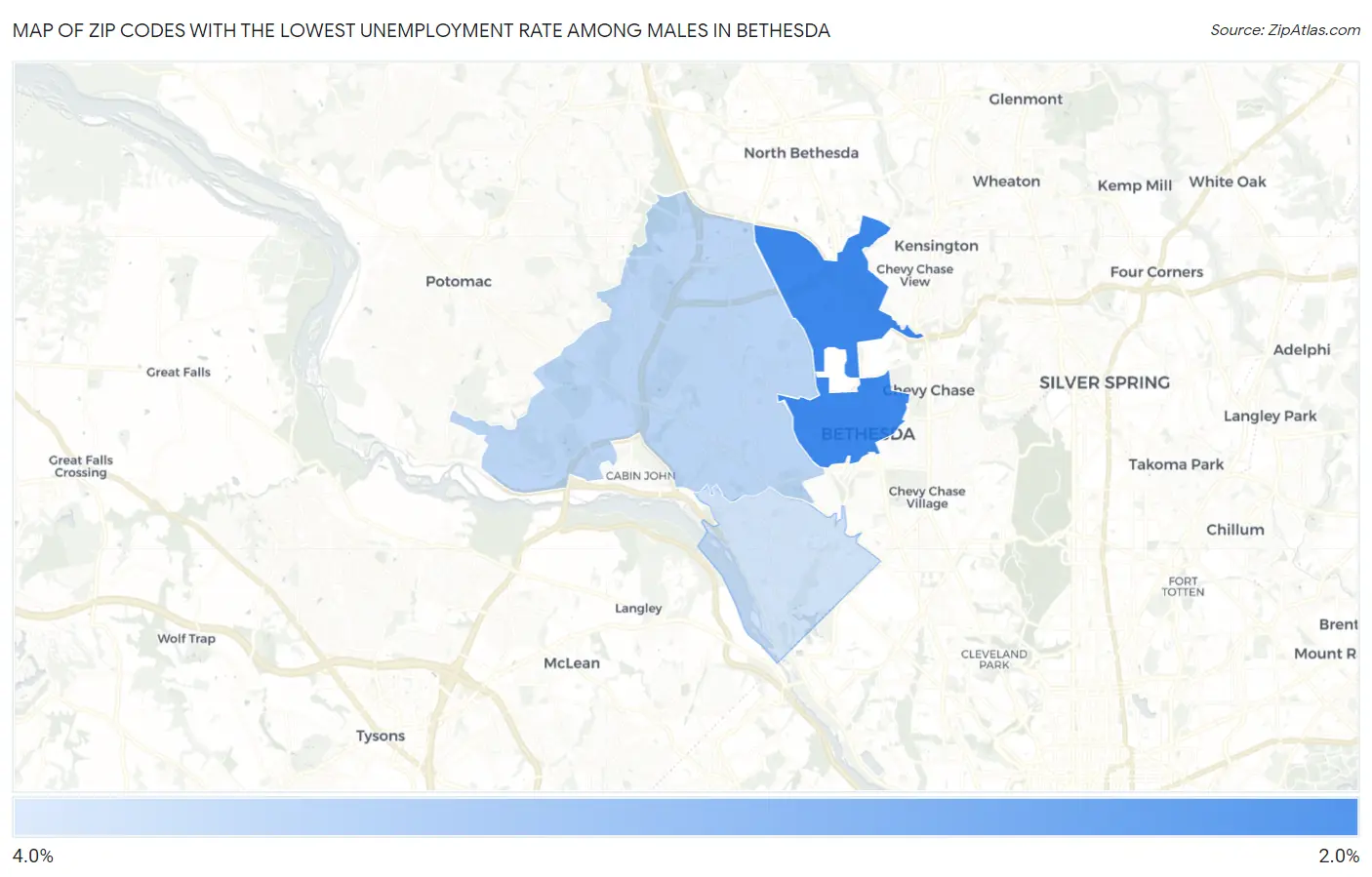 Zip Codes with the Lowest Unemployment Rate Among Males in Bethesda Map