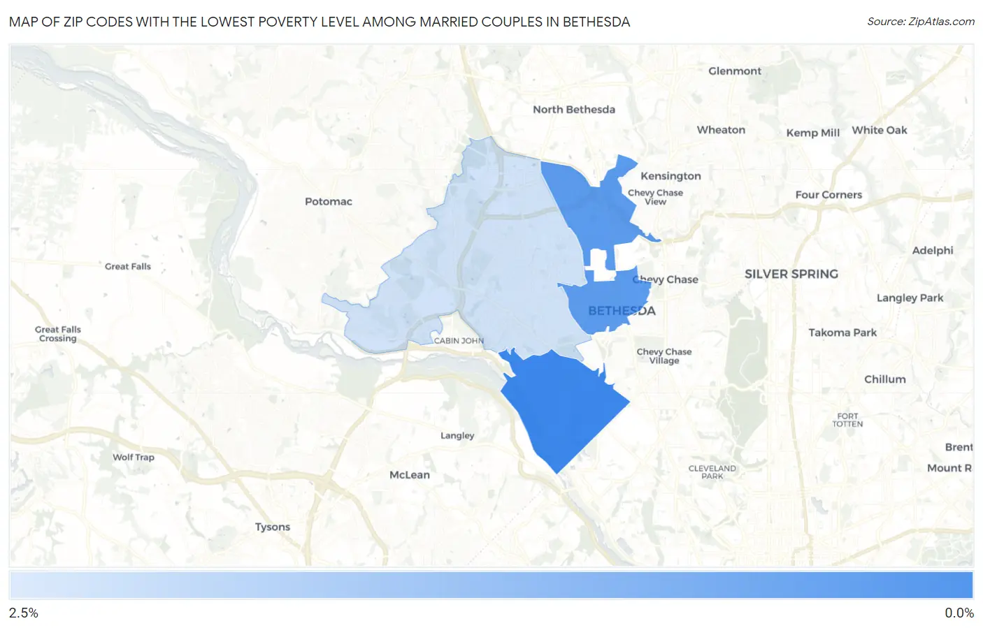 Zip Codes with the Lowest Poverty Level Among Married Couples in Bethesda Map