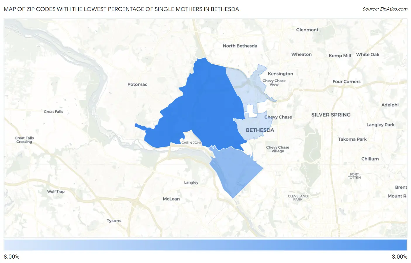 Zip Codes with the Lowest Percentage of Single Mothers in Bethesda Map