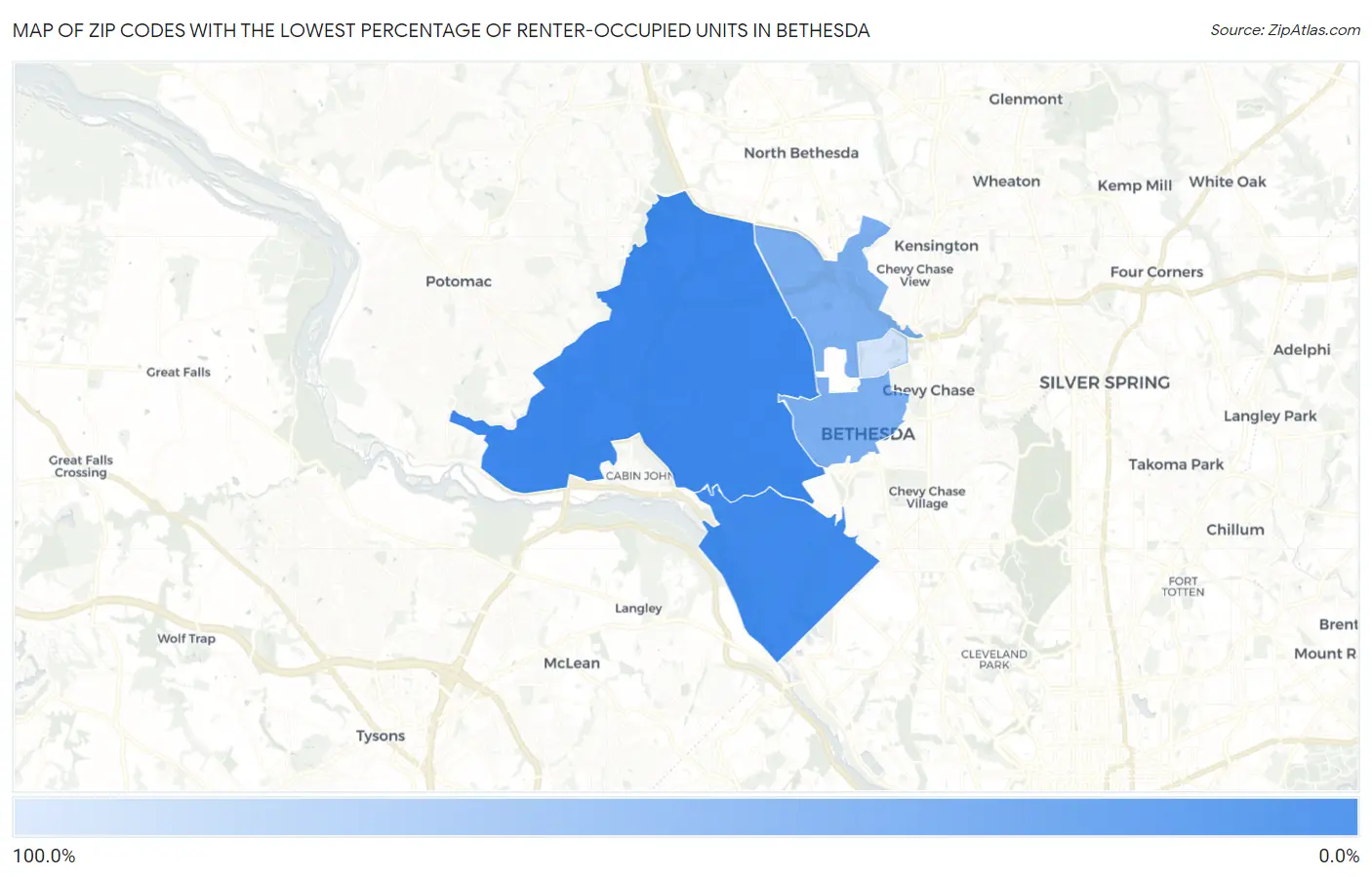 Zip Codes with the Lowest Percentage of Renter-Occupied Units in Bethesda Map