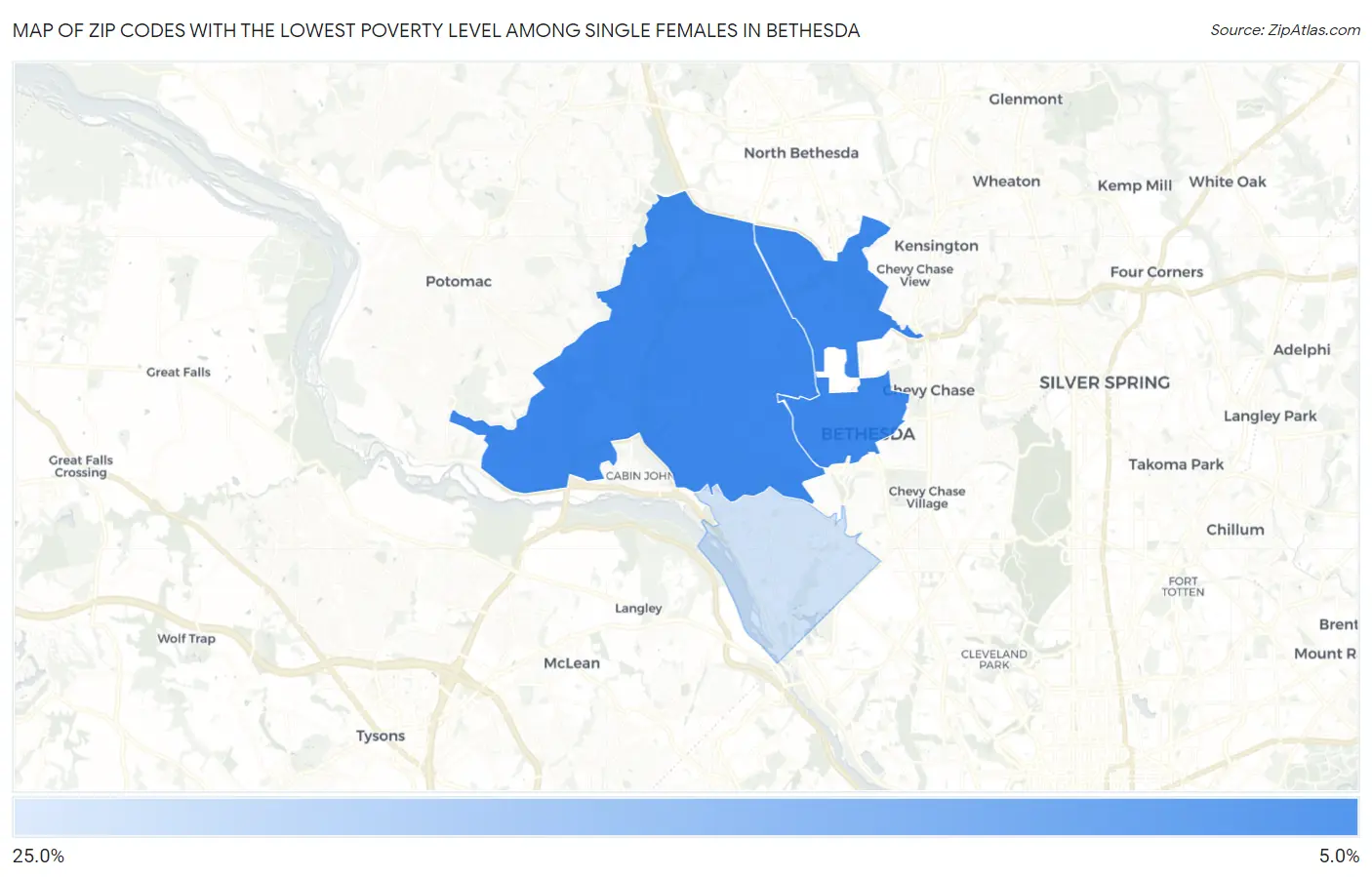 Zip Codes with the Lowest Poverty Level Among Single Females in Bethesda Map