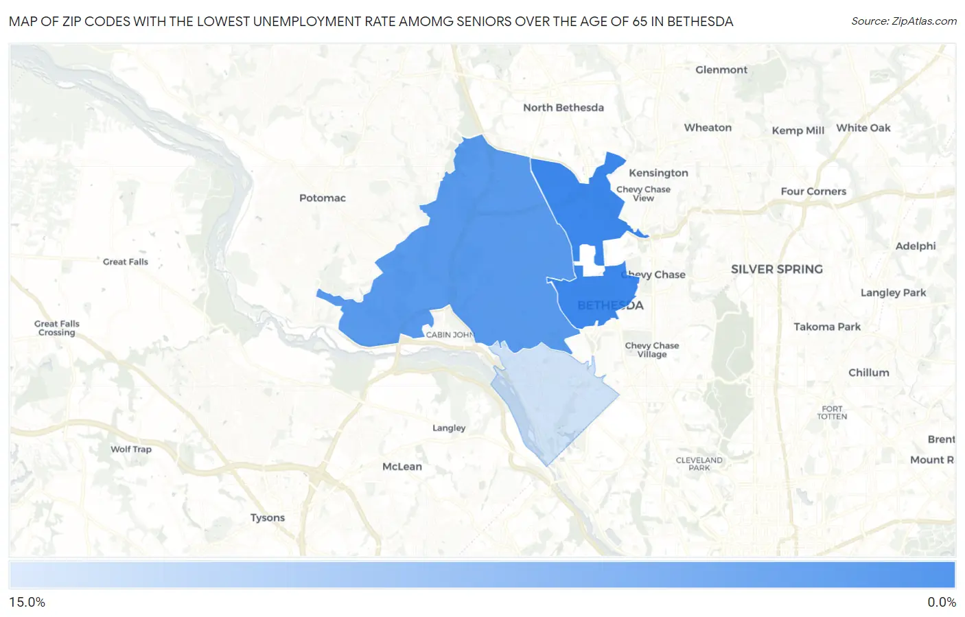 Zip Codes with the Lowest Unemployment Rate Amomg Seniors Over the Age of 65 in Bethesda Map