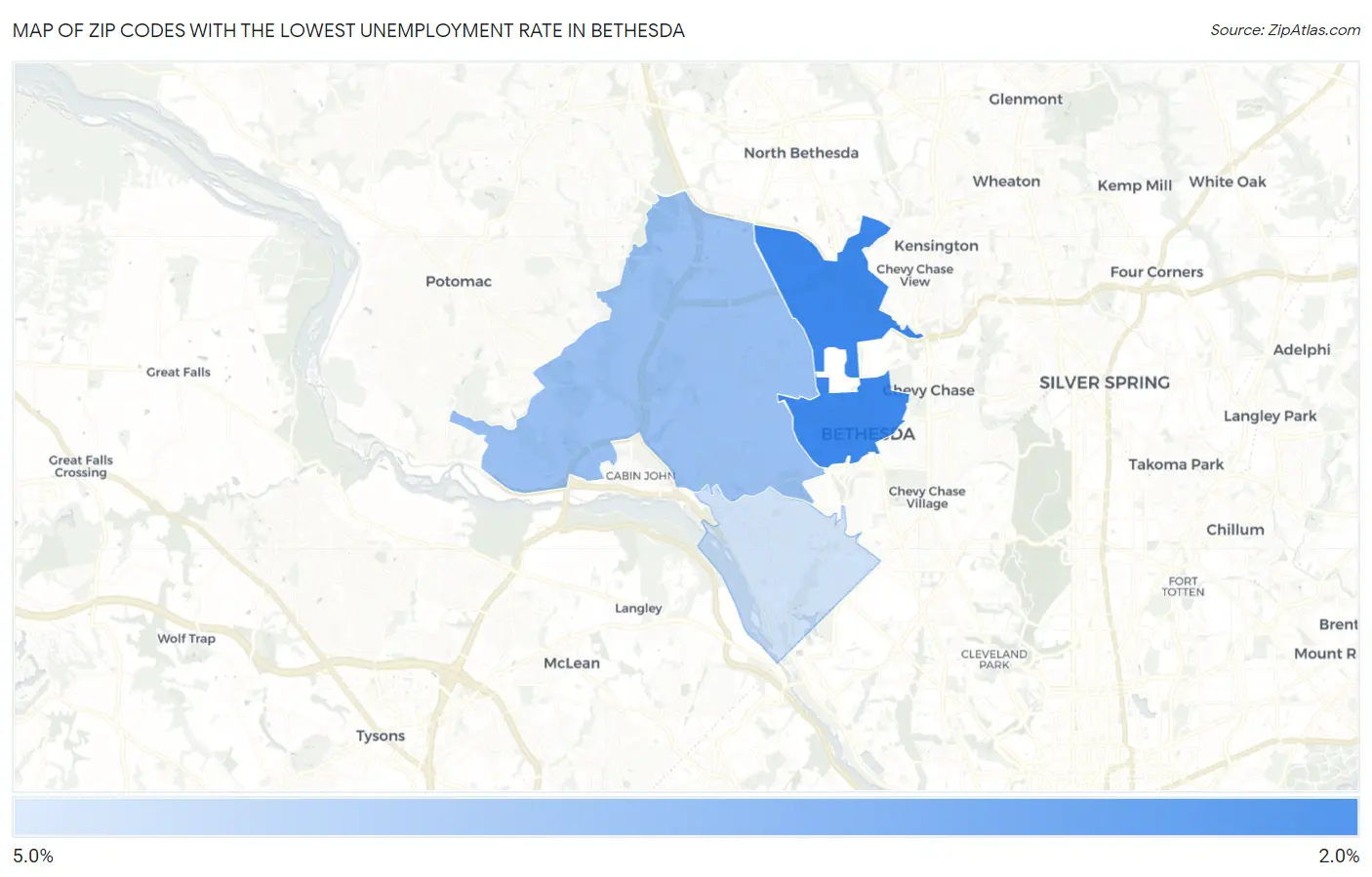 Zip Codes with the Lowest Unemployment Rate in Bethesda Map