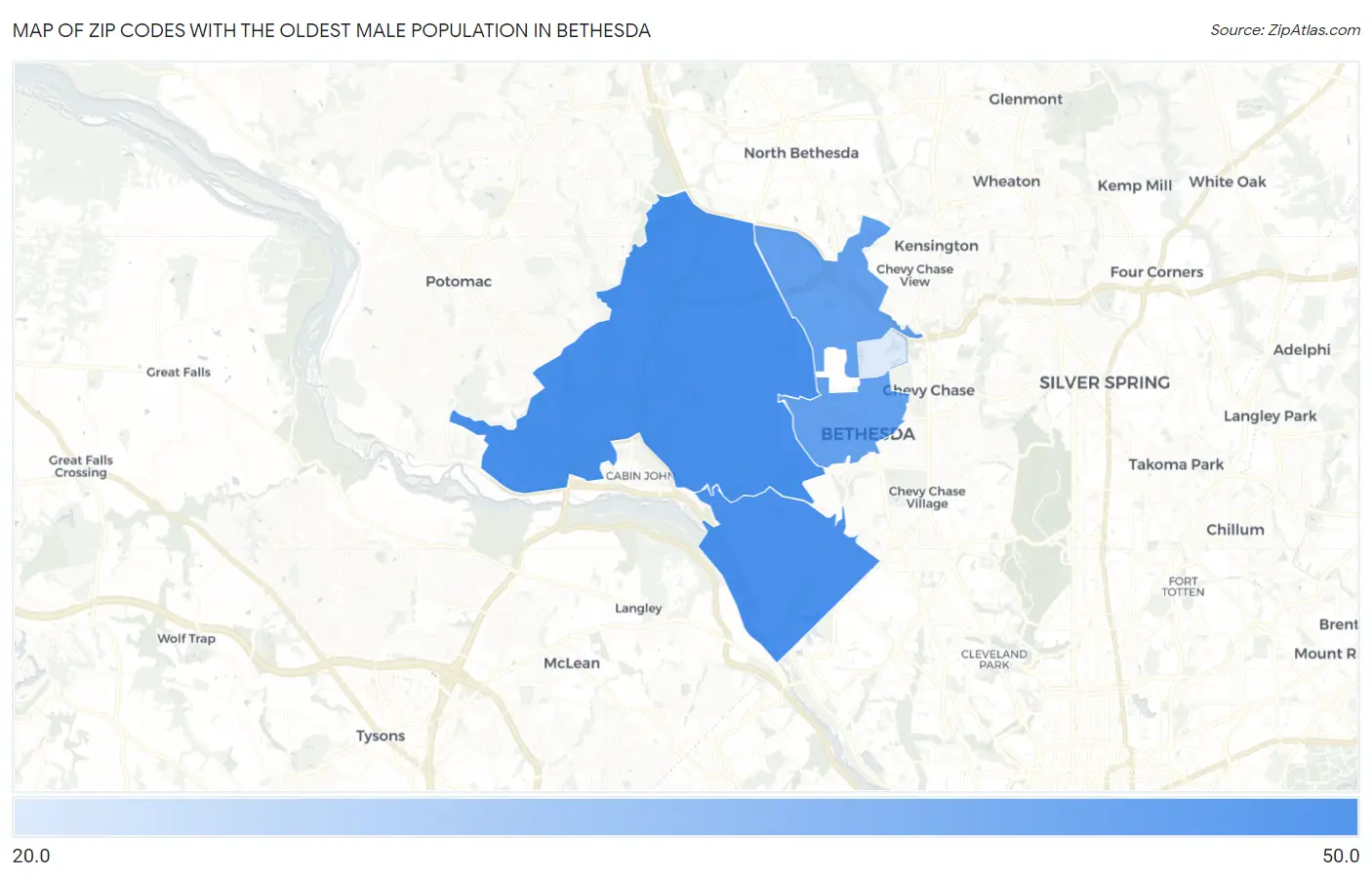 Zip Codes with the Oldest Male Population in Bethesda Map