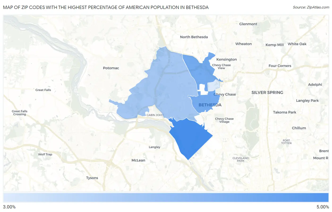 Zip Codes with the Highest Percentage of American Population in Bethesda Map
