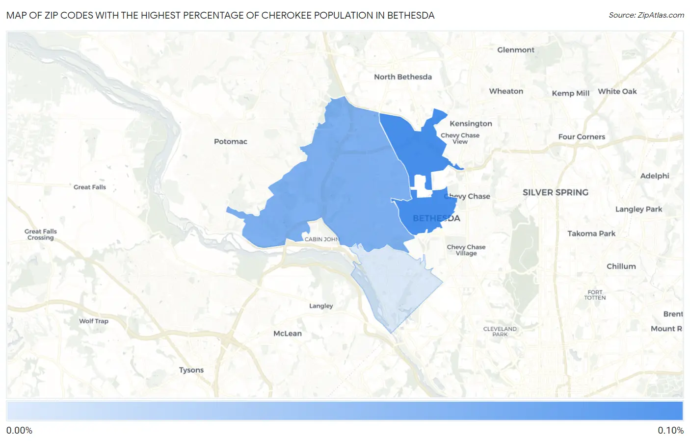 Zip Codes with the Highest Percentage of Cherokee Population in Bethesda Map