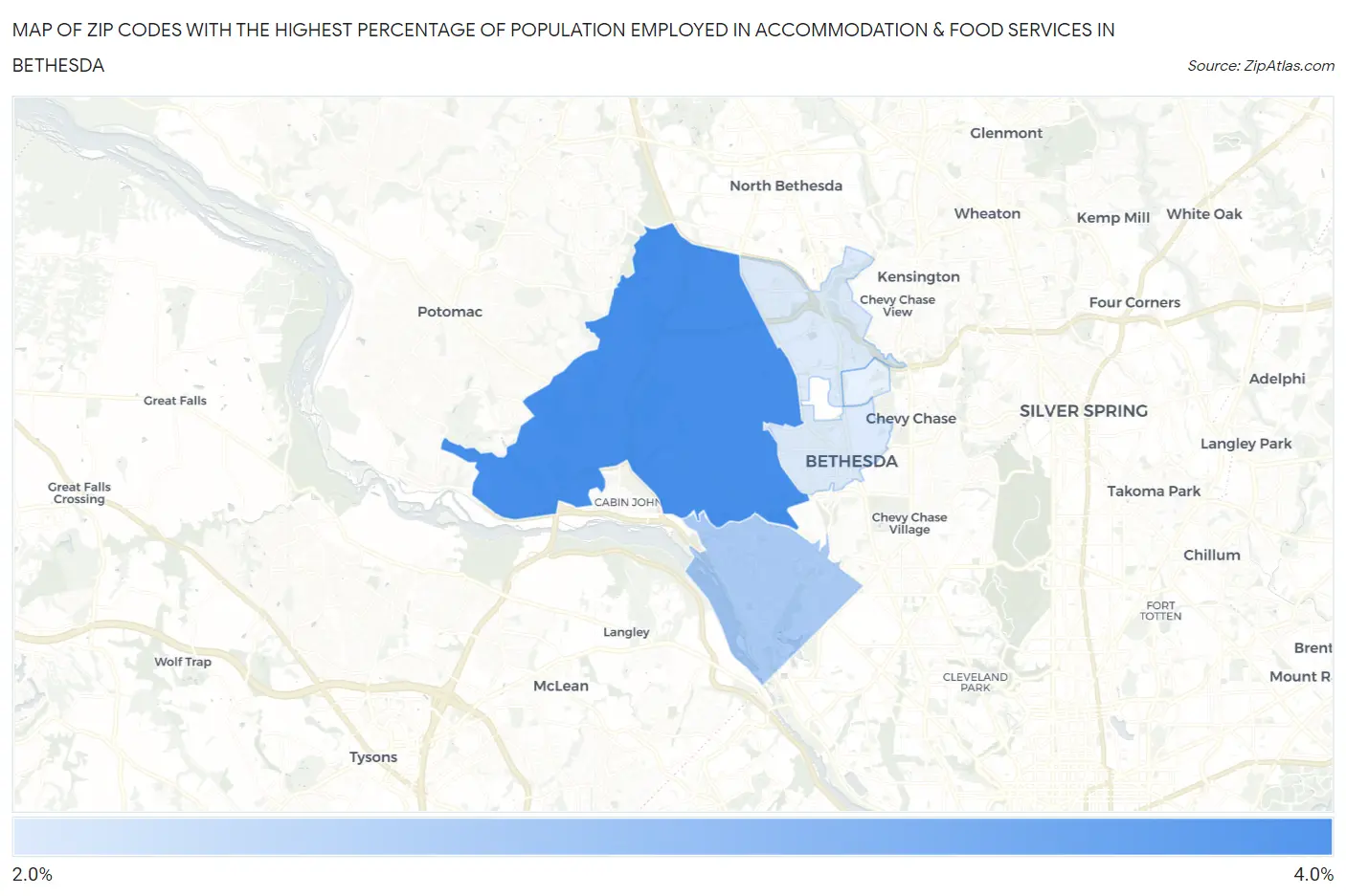 Zip Codes with the Highest Percentage of Population Employed in Accommodation & Food Services in Bethesda Map