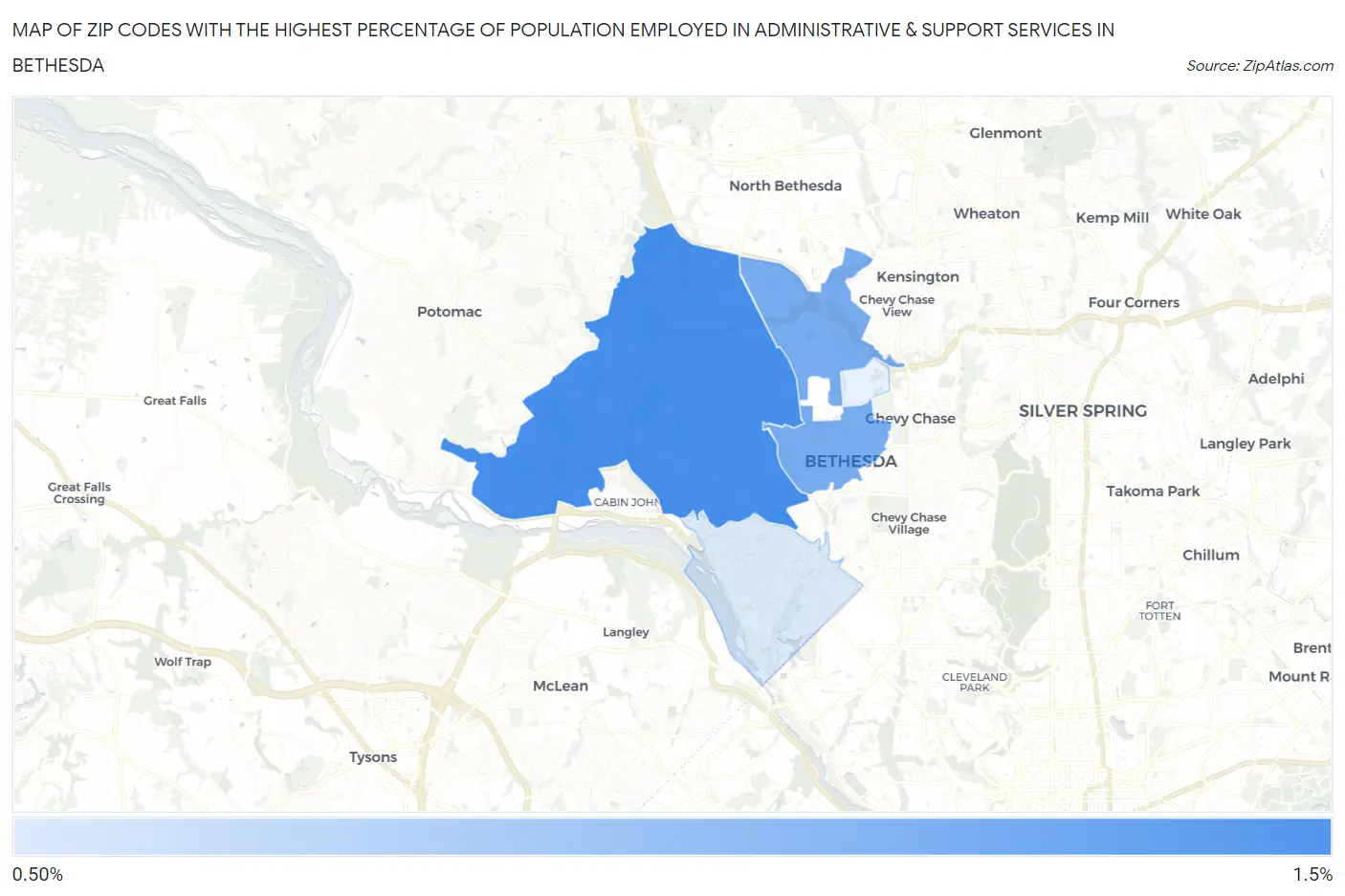 Zip Codes with the Highest Percentage of Population Employed in Administrative & Support Services in Bethesda Map