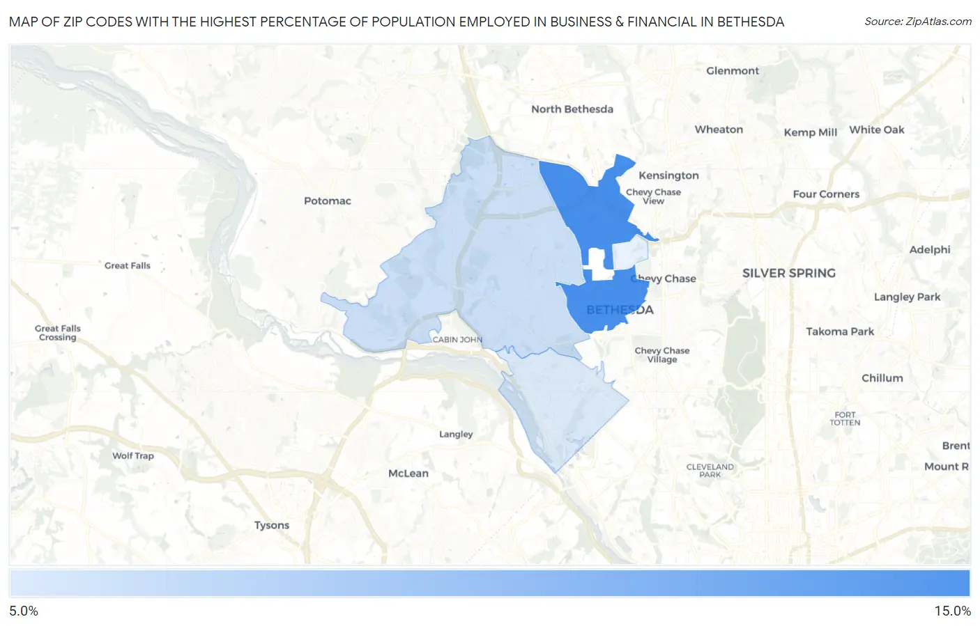 Zip Codes with the Highest Percentage of Population Employed in Business & Financial in Bethesda Map