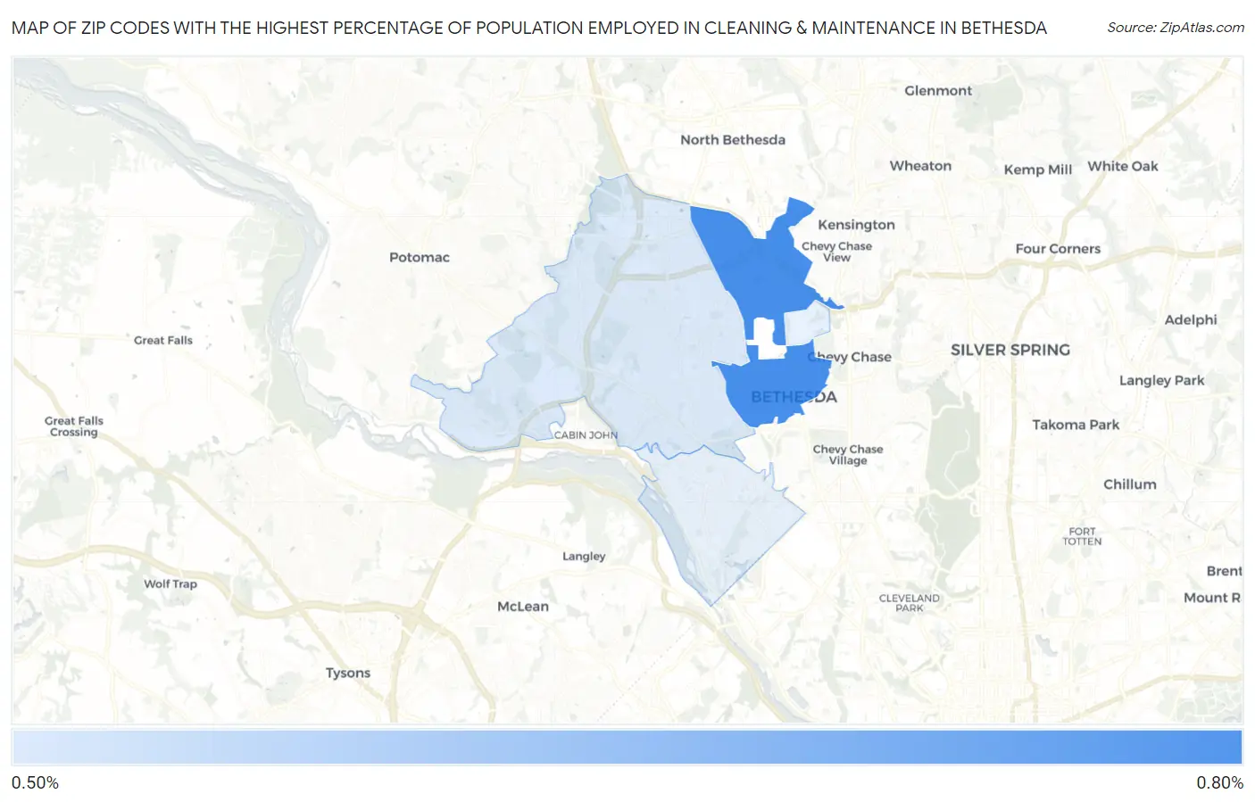 Zip Codes with the Highest Percentage of Population Employed in Cleaning & Maintenance in Bethesda Map