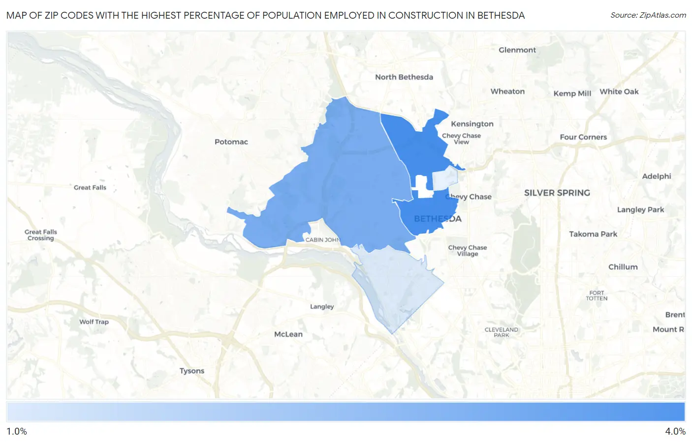 Zip Codes with the Highest Percentage of Population Employed in Construction in Bethesda Map