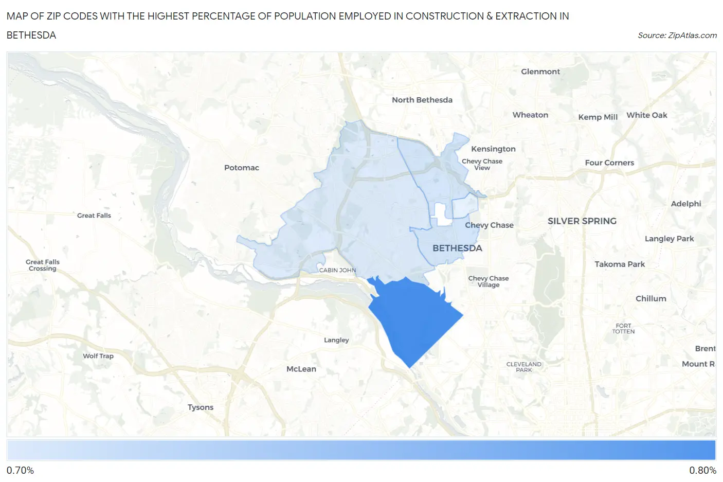 Zip Codes with the Highest Percentage of Population Employed in Construction & Extraction in Bethesda Map